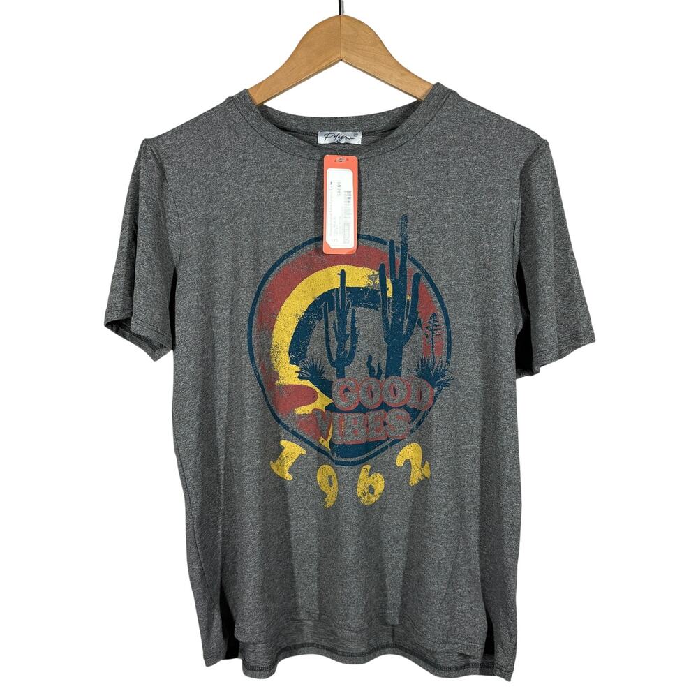 Domestic Good Vibes Graphic Tee Grey Baby Doll Short Sleeve Granola - M